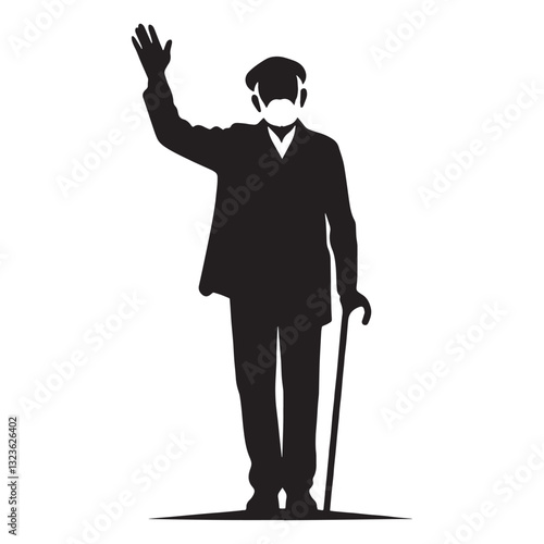 Casual Waving Oldman silhouette, a relaxed gesture of greeting - Oldman illustration - Minimalist Waving Oldman vector - Laid-back figure
