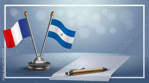 France and Nicaragua National flags on small table with bokeh background, cooperative relationship. Template vector Illustration
