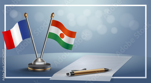 France and Niger National flags on small table with bokeh background, cooperative relationship. Template vector Illustration
