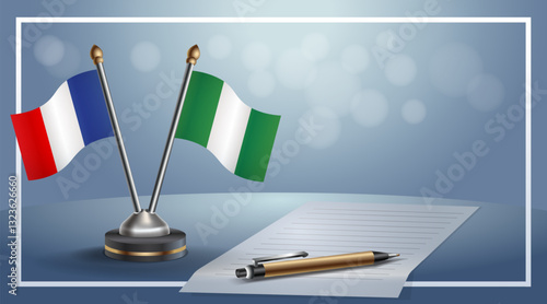 France and Nigeria National flags on small table with bokeh background, cooperative relationship. Template vector Illustration
