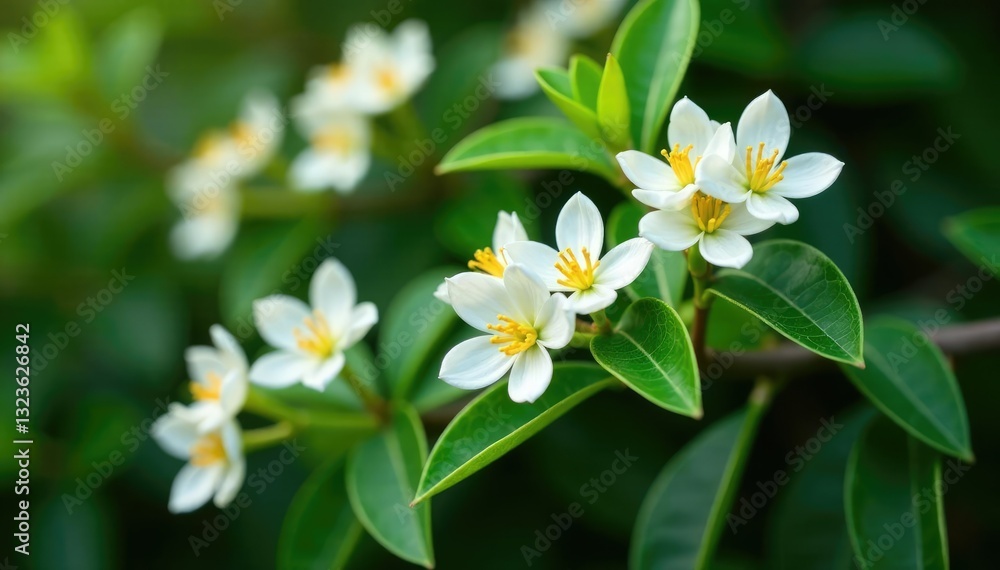 White flower clusters on dark green shrub branches, yellow stamens, ornamental shrub, garden White flower clusters on dark green shrub branches, yellow stamens, ornamental shrub, garden