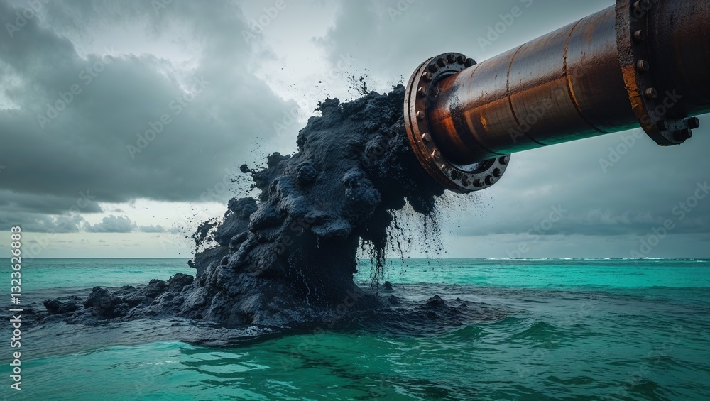 Thick black sludge pours from a pipe into the ocean, contrasting with the turquoise water. Dark clouds loom overhead, symbolizing the ongoing climate crisis and its impact on marine ecosystems