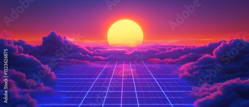 Vibrant sunset over a grid landscape with clouds