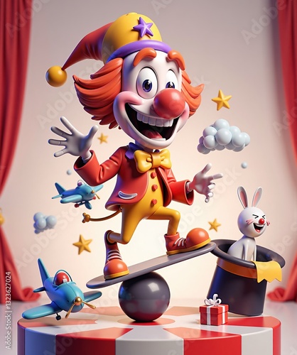 Colorful clown with red hair in yellow - purple hat, yellow bow tie, standing on ball and skateboard. Surrounded by magic hat rabbit, toy plane, gift box, red curtains for April Fools' Day and carniva