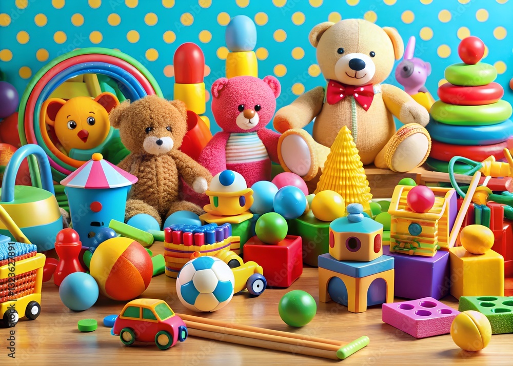 Obraz premium Playful kids' environment with interactive toys wooden shapes stuffed bears colorful balls and creative playsets milkyhexddway Backgrounds for creating advertising placements Your ads can be here art