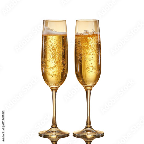 Two champagne glasses with bubbly liquid and diamond patterned background