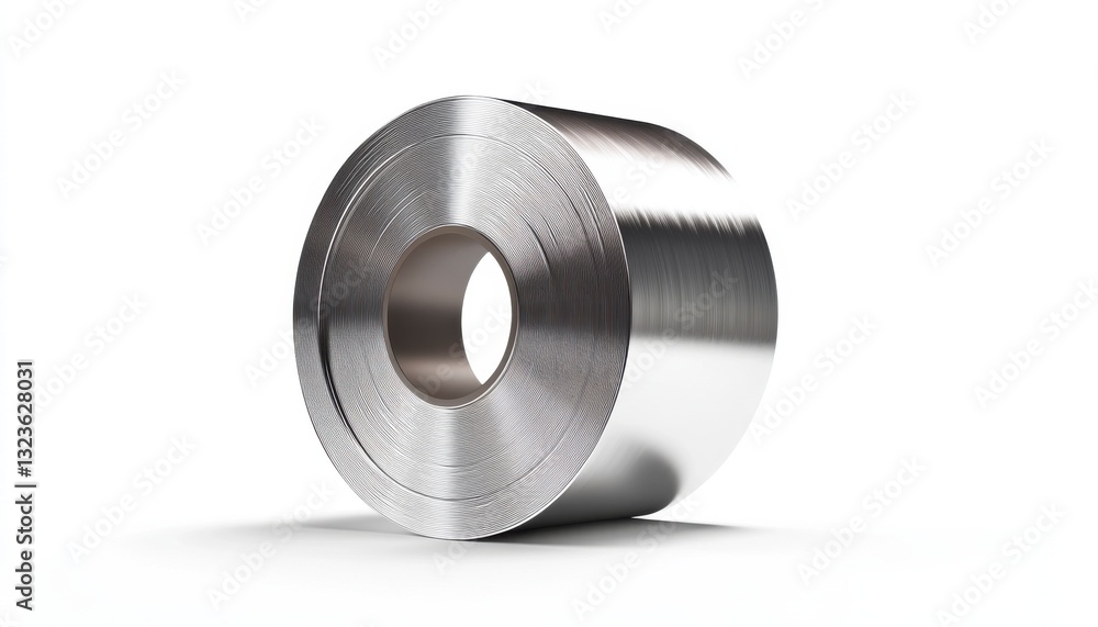 Metallic Coil on White Background Close up of Shiny Cylindrical Metal Roll Metallic Coil on White Background Close up of Shiny Cylindrical Metal Roll