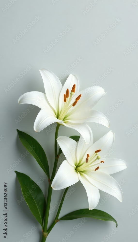White lily blooms on a soft grey background with subtle texture, calm, peaceful, delicate White lily blooms on a soft grey background with subtle texture, calm, peaceful, delicate