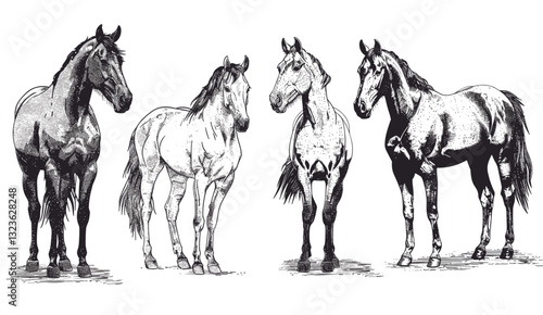 Vintage mustang sketch, isolated horse art, wild horse vector, mustang engraving, horse ink drawing, nag illustration, wild mustang background, horse vector set, classic horse
