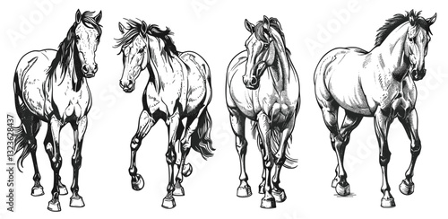 Wild mustang vector art, vintage horse illustration, isolated horse set, horse engraving, ink sketch, wild nag vector, mustang background, classic horse sketch, vintage animal drawing