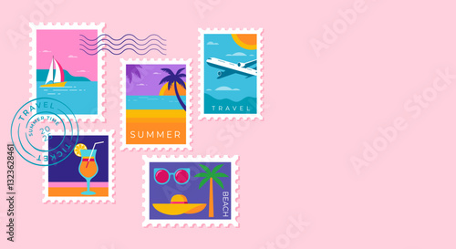 Summer Vacation Travel Stamps. Envelope Background with Beach and Holiday Icons.
