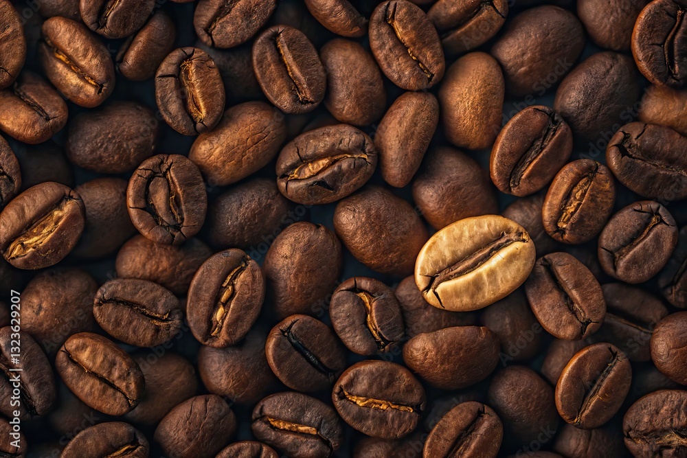 Specialty arabica coffee beans arranged creatively with a contrasting single bean in the center Specialty arabica coffee beans arranged creatively with a contrasting single bean in the center