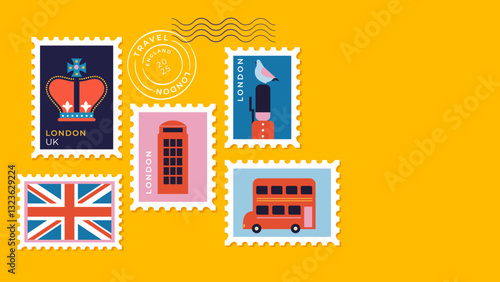 Britain Travel Stamps Collection. Vector Illustration of London Icons and British Symbols