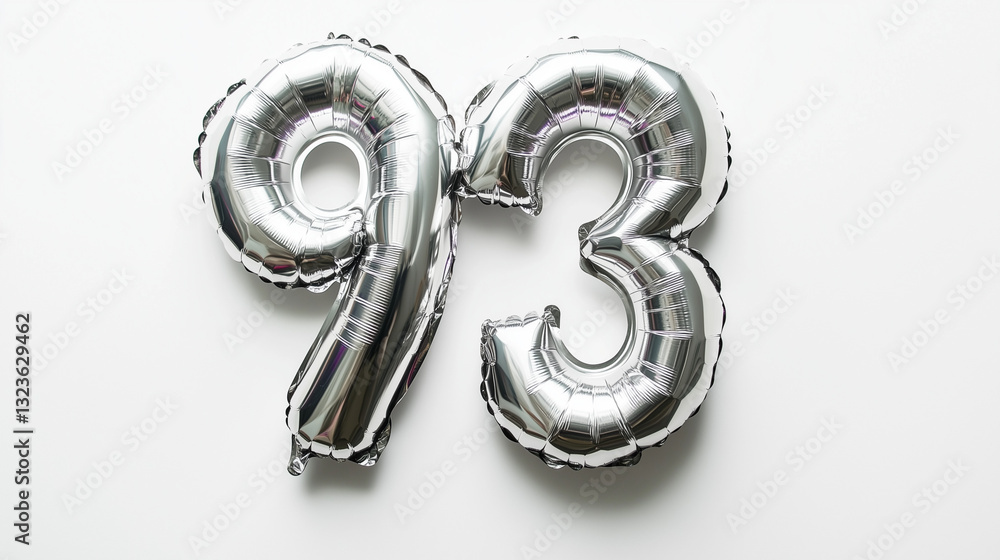 Silver foil balloon number ninety three. Top view. Colored number on white background.
Silver foil balloon number ninety three. Top view. Colored number on white background.