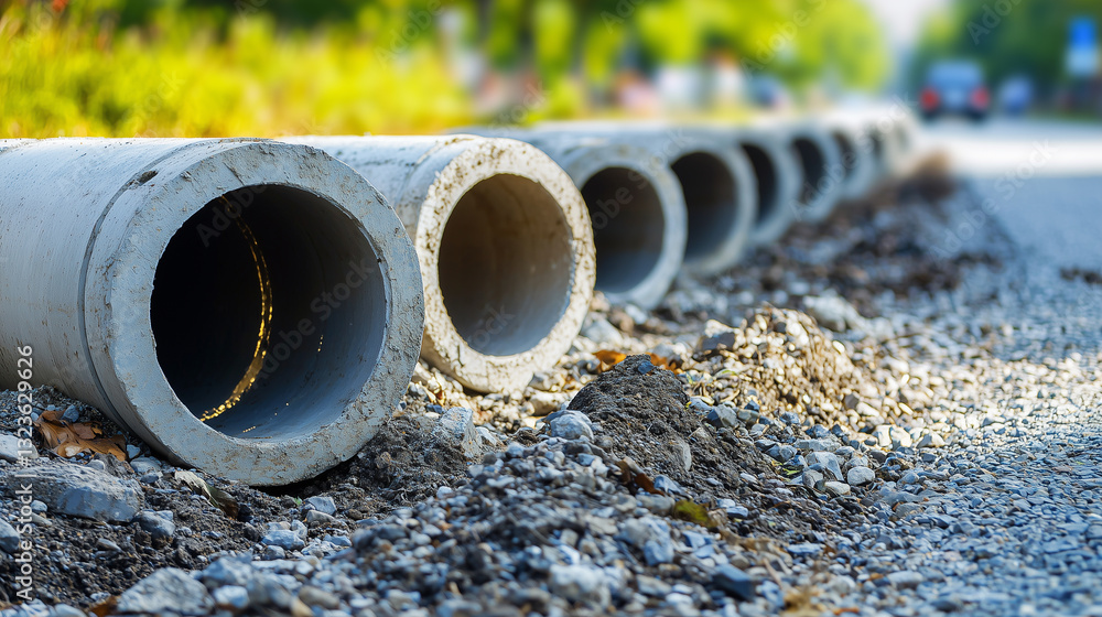 Concrete pipes at road construction site. Concrete pipes at road construction site.