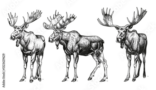 Vector moose set illustration, vintage ink sketch, wild elk art, deer background, animal engraving, wildlife vector, nature sketch, forest scene, elk design, moose drawing