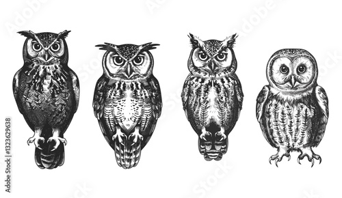 Wild owl illustration, ink sketch, vector owl set, vintage engrave, isolated owlet, night bird art, wildlife art, bird sketch, owl drawing, night background, owl silhouette, nature illustration