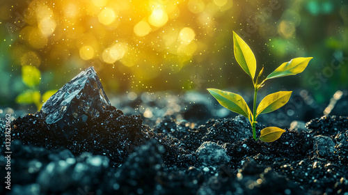 Young plant growing in soil illuminated by sunlight.