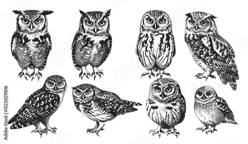 Vector owl set, vintage engrave illustration, wild owlet, isolated bird art, ink sketch, owl drawing, night bird, wildlife art, owl background, nature bird art, owl silhouette, sketch art