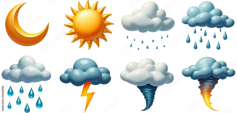 Weather Icon Set with Moon, Sun, Clouds, Rain, Lightning, and Tornado with transparent background