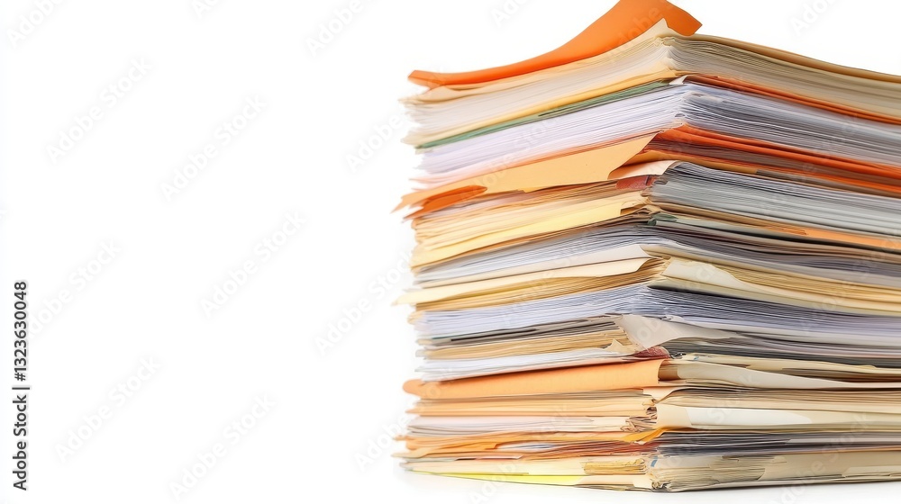 A towering stack of documents, their edges crisp against a pristine white background that allows them to stand out, symbolizing knowledge, information, and the accumulation of knowledge. A towering stack of documents, their edges crisp against a pristine white background that allows them to stand out, symbolizing knowledge, information, and the accumulation of knowledge.