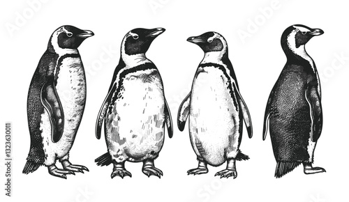 Vintage penguin illustration, wild bird vector, isolated sketch, imperial engrave, ink drawing, nature art, animal background, penguin artwork, bird set, wildlife sketch