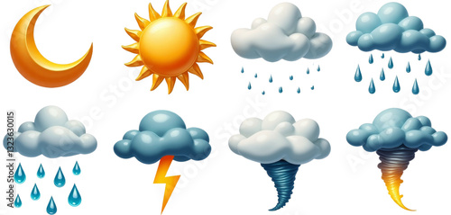 Obraz na płótnie Weather Icon Set with Moon, Sun, Clouds, Rain, Lightning, and Tornado with transparent background w salonie