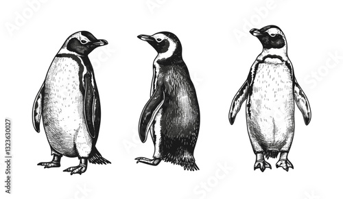 Penguin vector illustration, vintage engrave art, imperial wild bird sketch, isolated set, ink background, animal sketch, nature illustration, bird art, wildlife decor