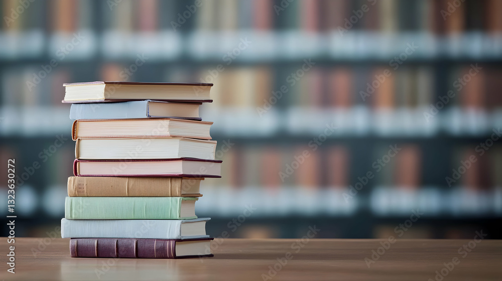 Neatly Stacked Collection Of Books On A Wooden Table Against A Blurred Library Shelf Background Showing A Variety Of Book Covers And Colors Under Neatly Stacked Collection Of Books On A Wooden Table Against A Blurred Library Shelf Background Showing A Variety Of Book Covers And Colors Under