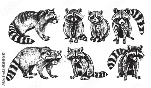 Wild raccoon vector sketch, isolated vintage engrave illustration, line art pet collection, raccoon wildlife drawing, animal vector, forest sketch, wild pet art