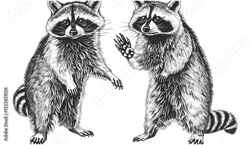 Raccoon illustration vector, vintage engrave wild pet line sketch, isolated animal background, raccoon vector art, wildlife drawing, forest pet sketch, animal collection