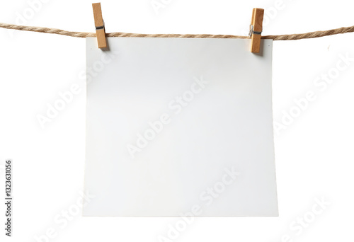 White paper held by clothespins on twine with wood background