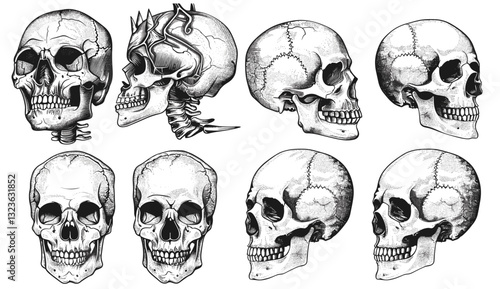 Isolated skull illustration, vintage engrave art, human head, skeleton line sketch, creepy bone drawing, horror skull, hell background, spooky anatomical artwork, ink line art
