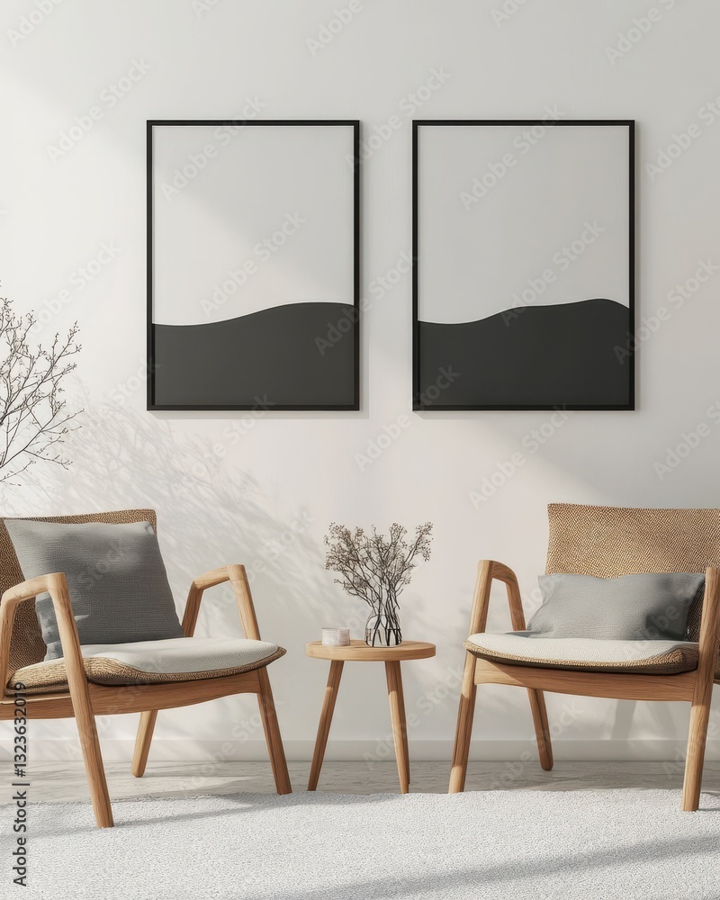Minimalist Black and White Landscape Prints in Bright Living Room Minimalist Black and White Landscape Prints in Bright Living Room