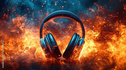 A pair of headphones, vibrant and playful, rests against a backdrop of electric blue and fiery orange, a symphony of colors ready to transport the wearer to another world.