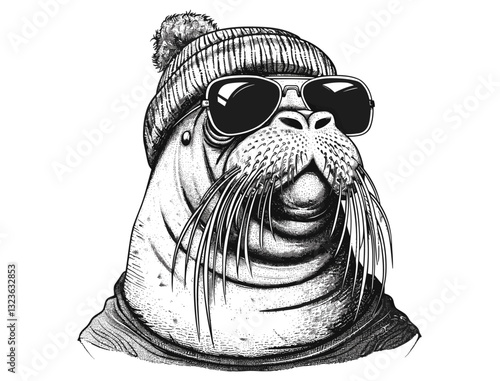 Vintage ink engraving, walrus illustration, sea seal, arctic hipster, sunglasses, hat, fashion, costume, cool walrus art, ocean background, sketch design, wildlife fashion