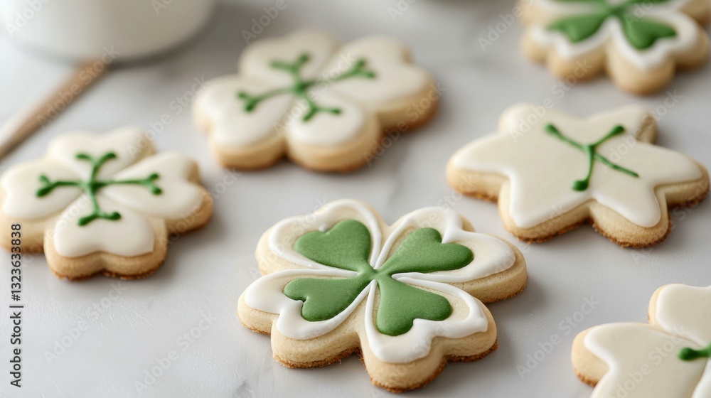 Iced shamrock cookies on marble background, perfect for St. Patrick's Day celebration or festive gatherings. Iced shamrock cookies on marble background, perfect for St. Patrick's Day celebration or festive gatherings.