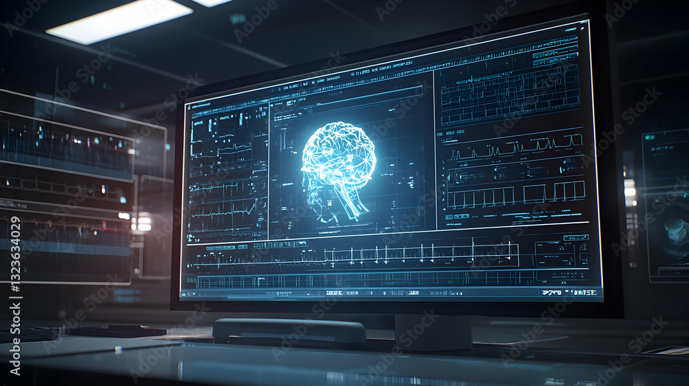 Digital Brain Visualization On Computer Screen In Dark Laboratory Artificial Intelligence Concept Digital Brain Visualization On Computer Screen In Dark Laboratory Artificial Intelligence Concept
