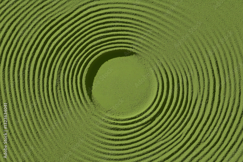 Obraz premium Abstract Spherical Ripples: A captivating visual of concentric circular patterns radiates from a central sphere, embodying the delicate interplay of energy and form in a textured green setting.