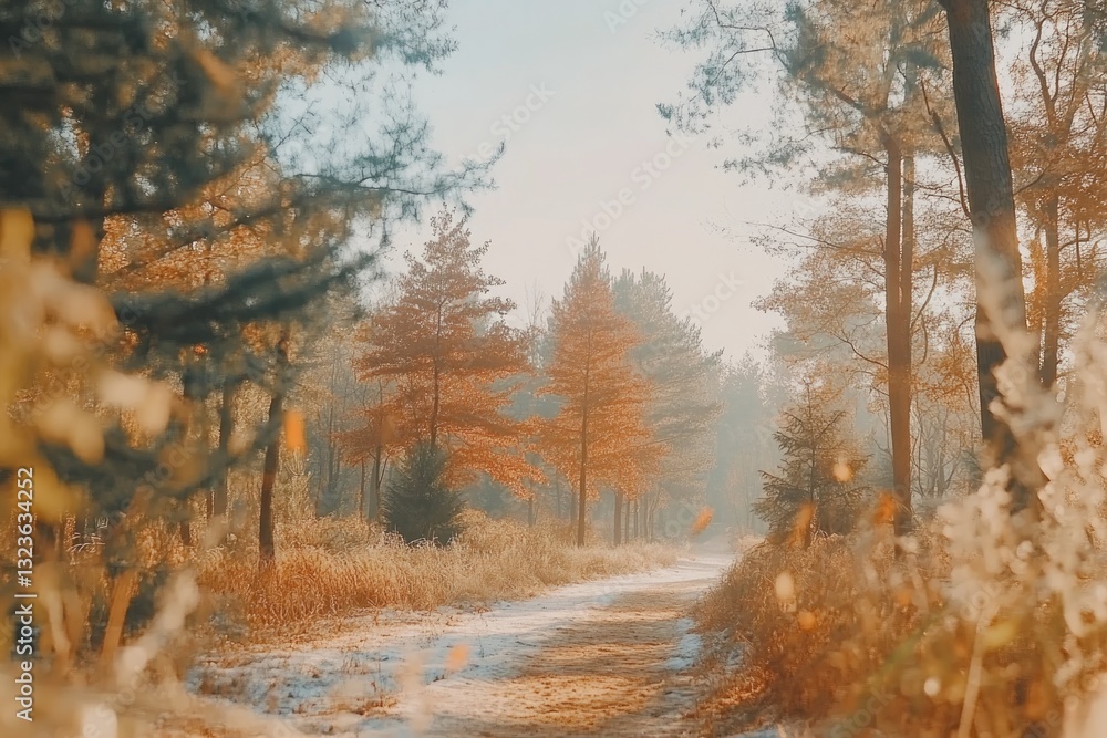 Vibrant Autumn Path Through a Forest With Fallen Leaves and Serene Atmosphere in the Morning Light Vibrant Autumn Path Through a Forest With Fallen Leaves and Serene Atmosphere in the Morning Light