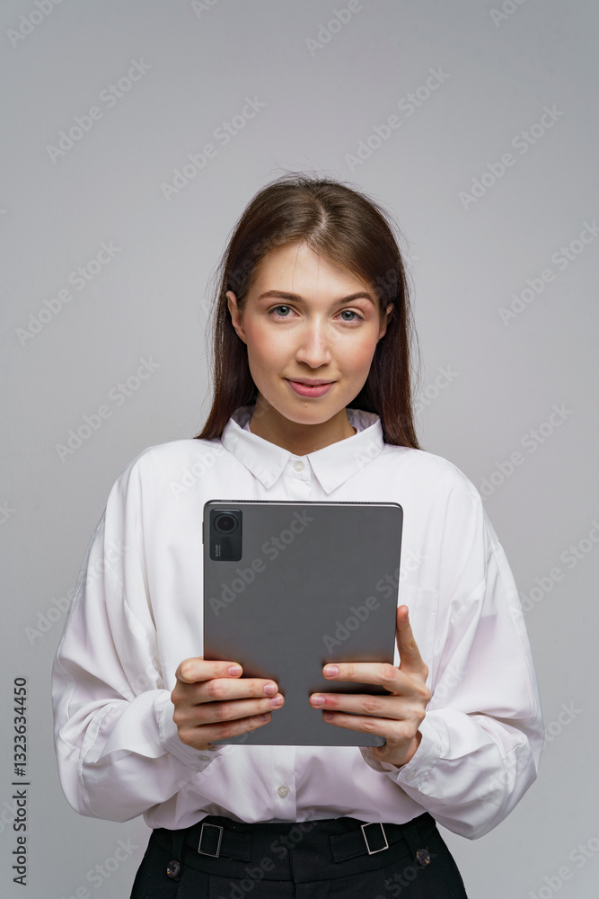 Young woman holding a tablet and smiling while posing in a neutral studio environment Young woman holding a tablet and smiling while posing in a neutral studio environment