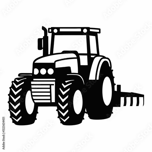 A monochromatic, flat illustration of a tractor, with a focus on the main components such as the tractor's body