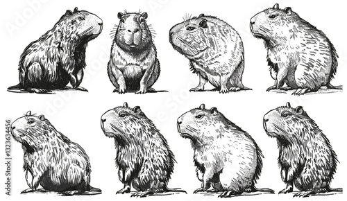Capybara ink sketch, vector illustration, vintage engraving, isolated rodent, gnawer silhouette, black and white hand drawn image, nature, wildlife, rodent art, animal vector drawing.