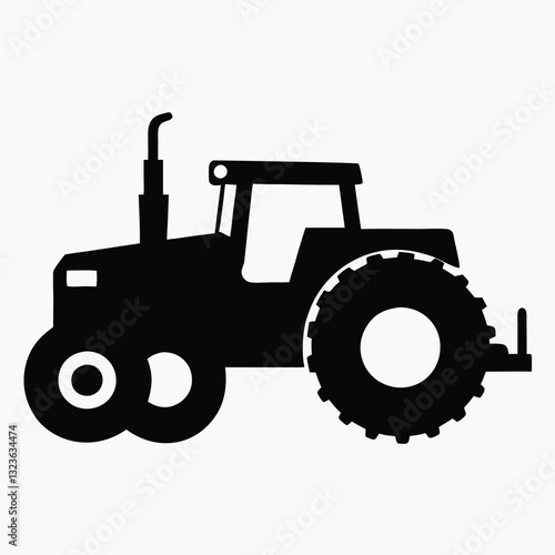 A monochromatic, flat illustration of a tractor, with a focus on the main components such as the tractor's body