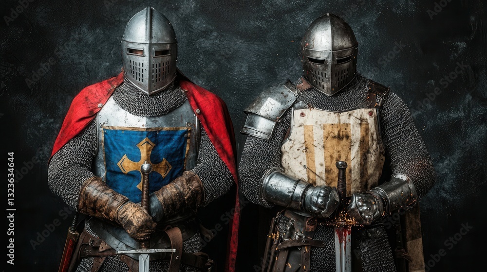 Two Medieval Knights in Armor with Swords and Shields Portrait