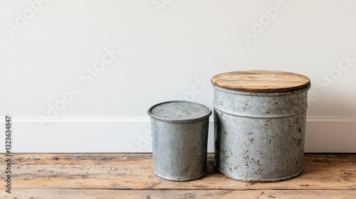 Stylish Vintage Metal Buckets on Rustic Wooden Floor Setting