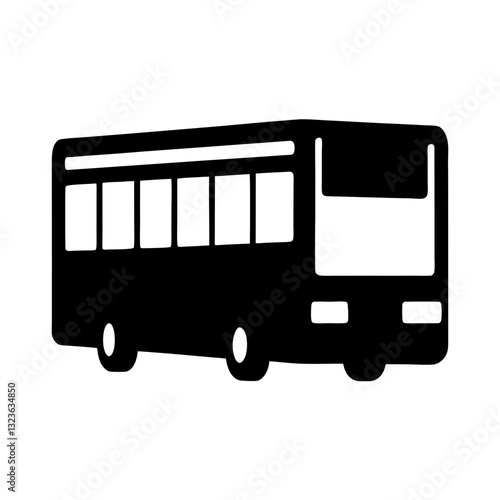 A stylized, flat icon of a bus. The icon is simple, with a bold outline and a stark contrast between the black silhouette of the bus and the white background