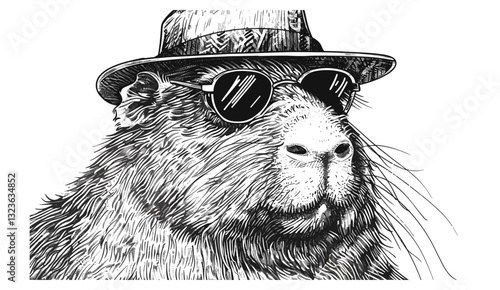 Vintage vector engraving of a capybara with sunglasses, hipster hat, rodent dressed in fashion, hand-drawn ink sketch, silhouette background, gnawer art