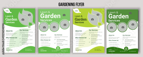 Lawn mower landscaping garden service flyer brochure cover template. Tree and gardening service poster leaflet design. lawnmower flyer template.
