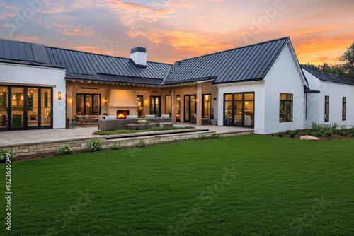Modern farmhouse exterior at sunset.  